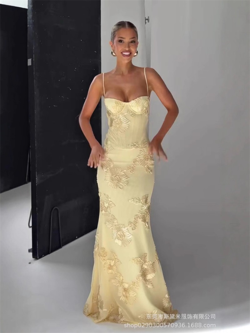 Women'S Holiday Formal Wear - Vestido de fiesta con bordado amarillo
