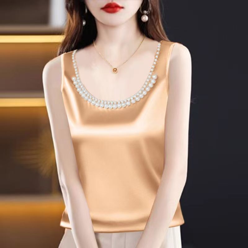 Silk Camisole Work - Camisola de seda satinada lisa, Top